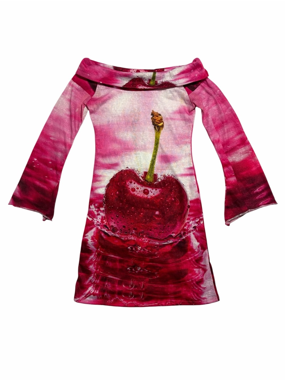OMIGHTY Soda Cherry Slub Mini Dress Pink Off-Shoulder Bell Sleeve EUC